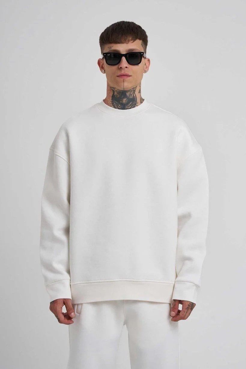 Erkek Beyaz Bisiklet Yaka Üç İplik Pamuklu Sweatshirt