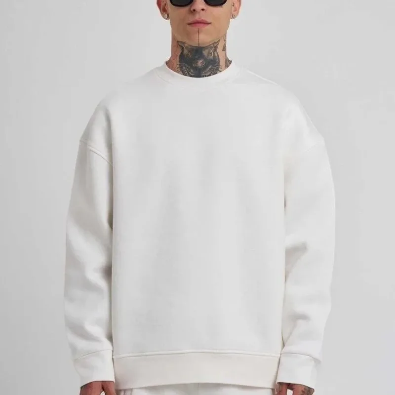 Pánský bílý cyklistický výstřih tří-nitný bavlněný sweatshirt