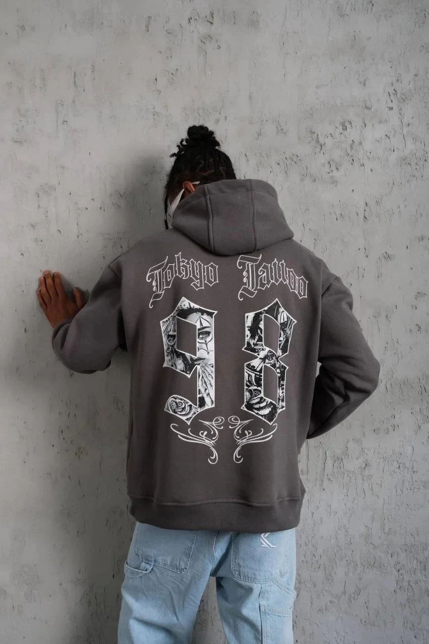 Pánské šedé oversized kapucové 3-nitní bavlněné potištěné mikiny s kapsou