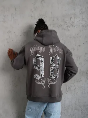 Pánské šedé oversized kapucové 3-nitní bavlněné potištěné mikiny s kapsou