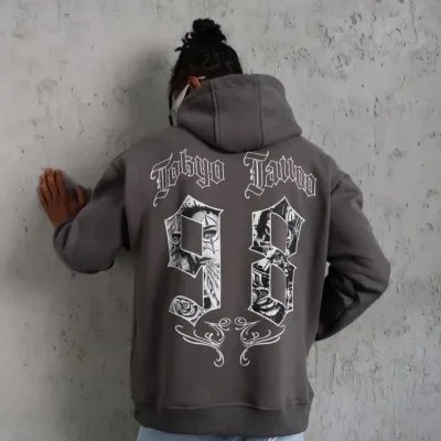 Pánské šedé oversized kapucové 3-nitní bavlněné potištěné mikiny s kapsou 1