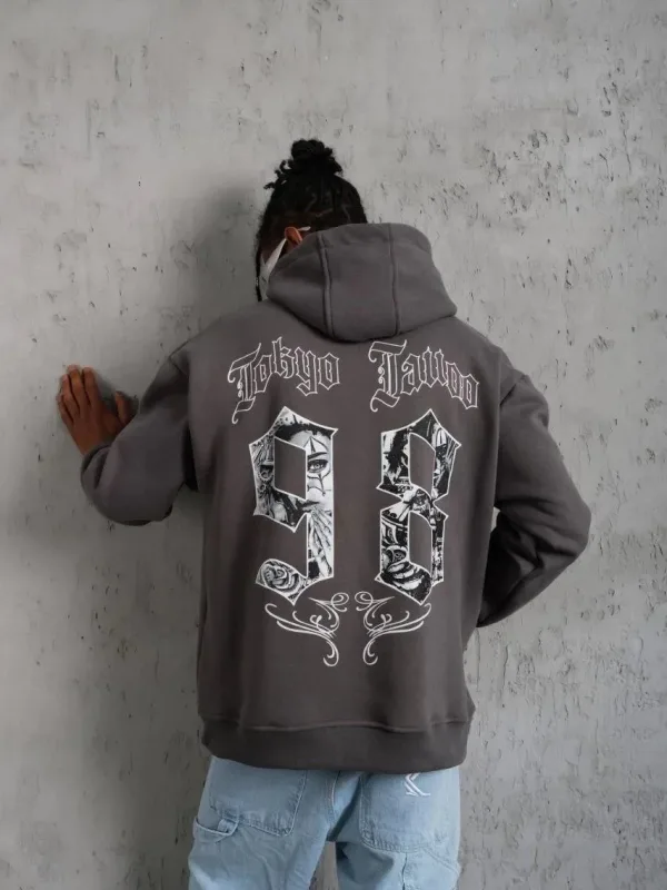Pánské šedé oversized kapucové 3-nitní bavlněné potištěné mikiny s kapsou 1
