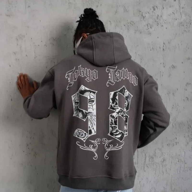 Men's Gray Oversize Hooded 3-Thread Cotton Printed Sweatshirt with Pockets
