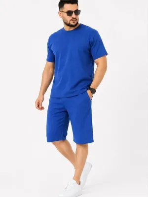 Men's Sax Blue Two-Thread Bicycle Neck T-Shirt Pocket Knee-Length Shorts Set