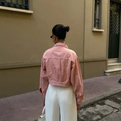 Çift Cep Denim Crop Ceket Pudra 4