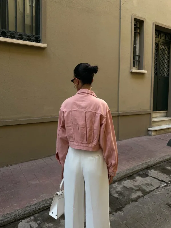 Çift Cep Denim Crop Ceket Pudra 4