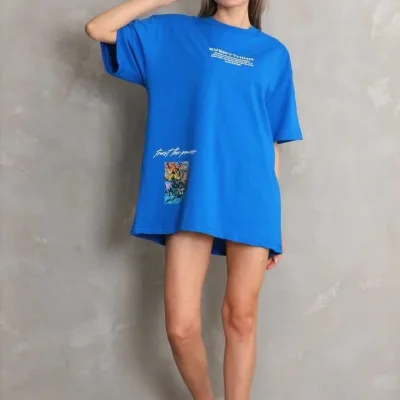 Женски Син Oversize Бициклета Јака Печатена Маица 4
