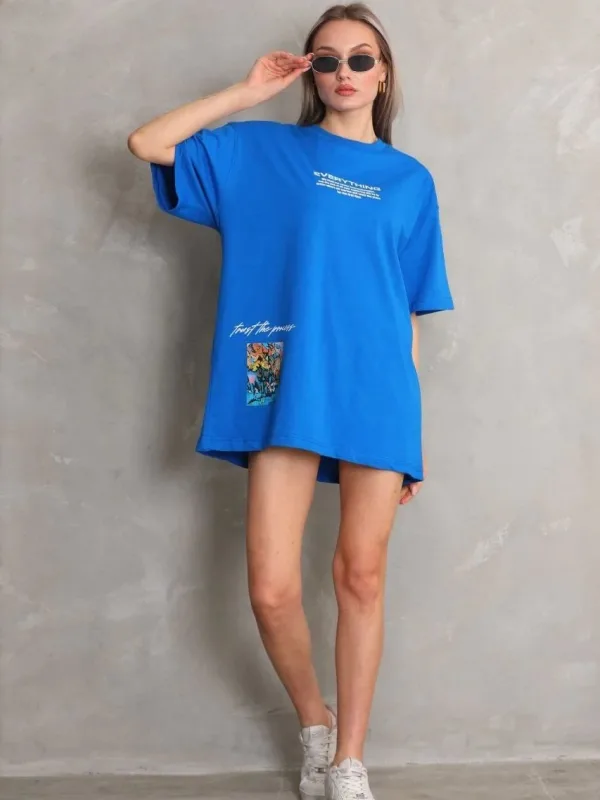 Женски Син Oversize Бициклета Јака Печатена Маица 4