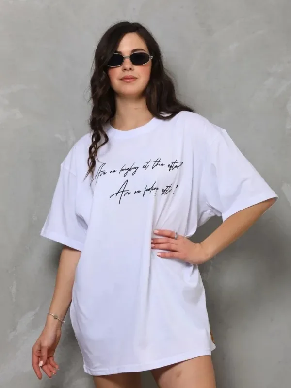 Bluzë Femrash e Bardhë Oversize me Jakë Biçiklete dhe Print me Mëngë të Shkurtra 6