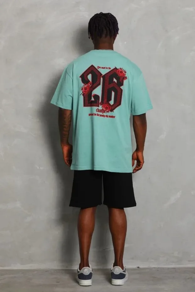 Tîşorta Mêran a Mint Green Oversize Bi Stûyê Bisîkletê Çapkirî 2