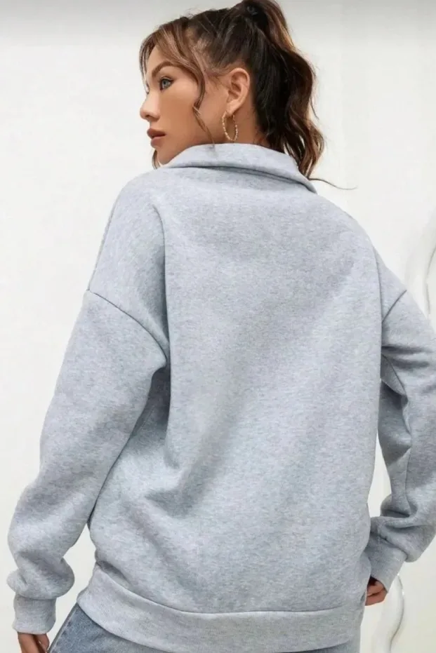 Kadın Gri Yarım Fermuarlı Yüksek Yaka Pamuklu Sweatshirt 3