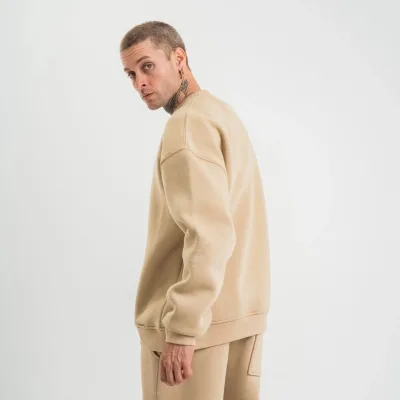 Muški bež dugi rukav bicikli kragna 3 pređe pamučni debeli sweatshirt 3