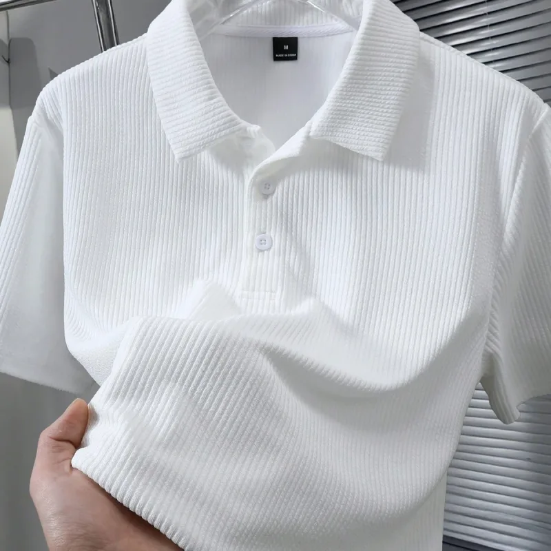 Ανδρικό Λευκό Πόλο Oversize Ριμπέ Ύφασμα 100% Βαμβακερό Φαρδιά Κόψη Λαιμόκοψη Ποδηλάτου