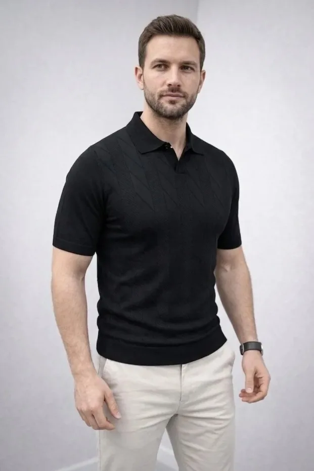 Nero Maschio Manica Corta Maglia Tessuto Polo Collo T-shirt 2