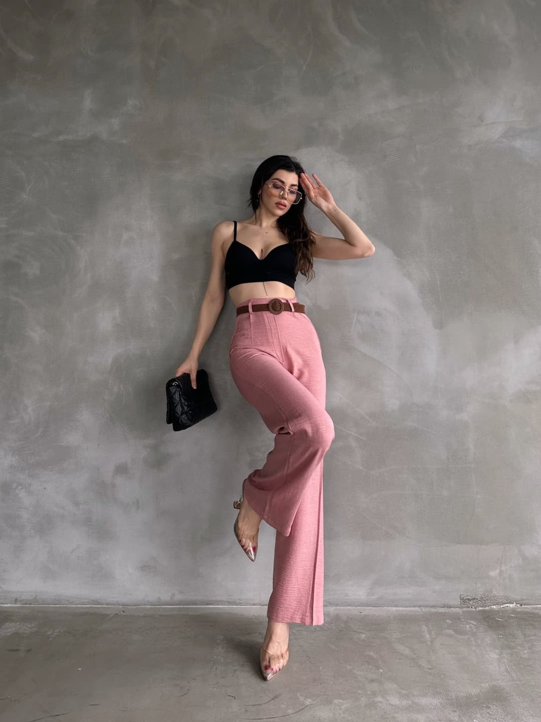 Lanene pantalone sa kaišem na struku, puder 2