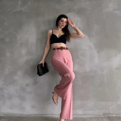 Lanene pantalone sa kaišem na struku, puder 2
