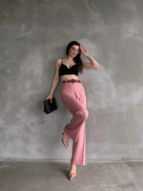 Lanene pantalone sa kaišem na struku, puder 2
