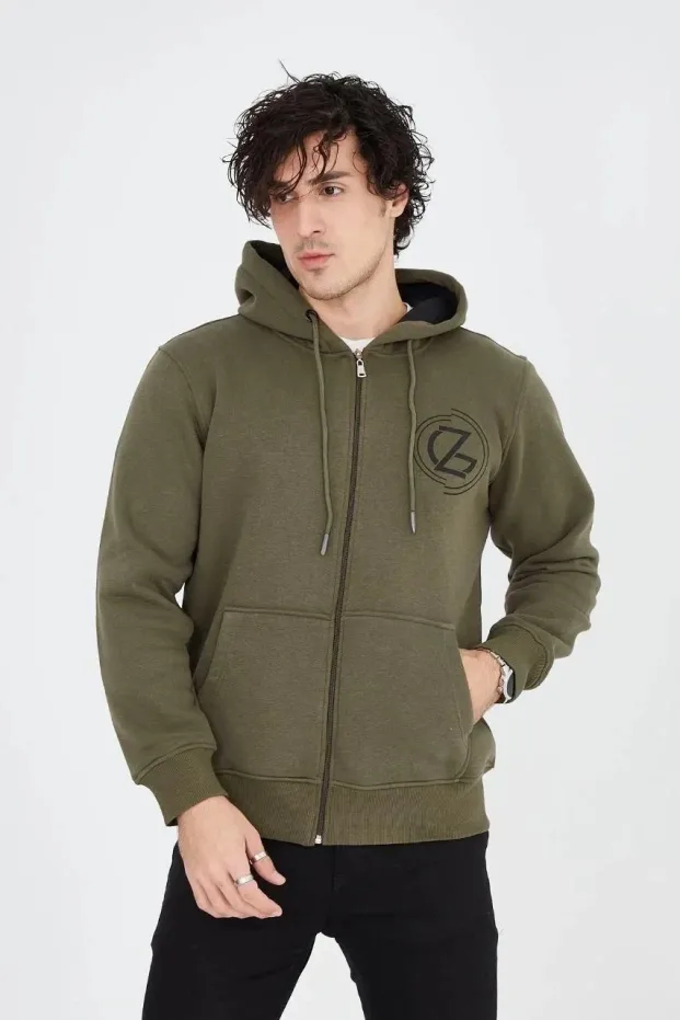 Erkek Yeşil 3 İplik Pamuklu Fermuarlı Kapüşonlu Baskılı Hoodie 4