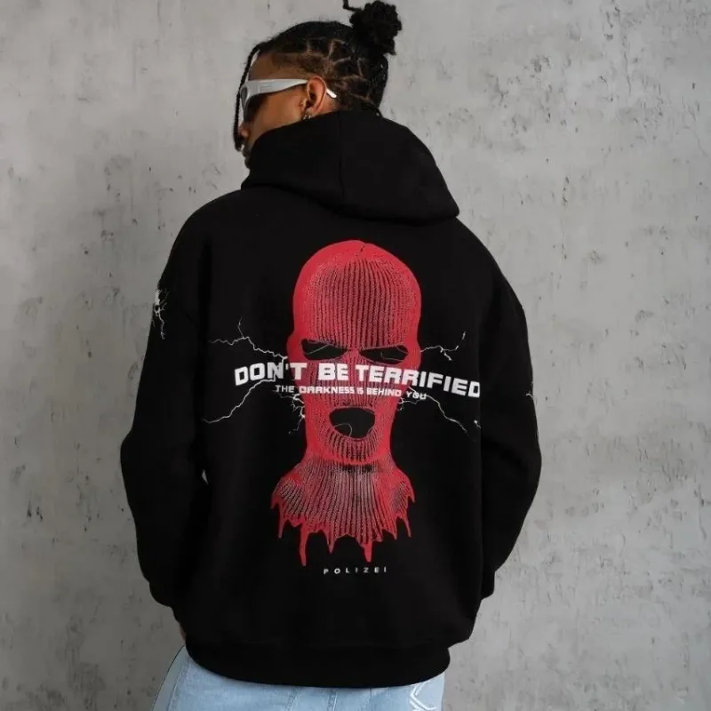 Sweatshirtê Mêran ê Reş Oversize 3 Têl Pembû Bi Kulp, Çapkirî û Berîk