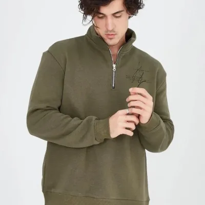 Men's Green Half Zip 3-Thread Cotton Printed Sweatshirt 5