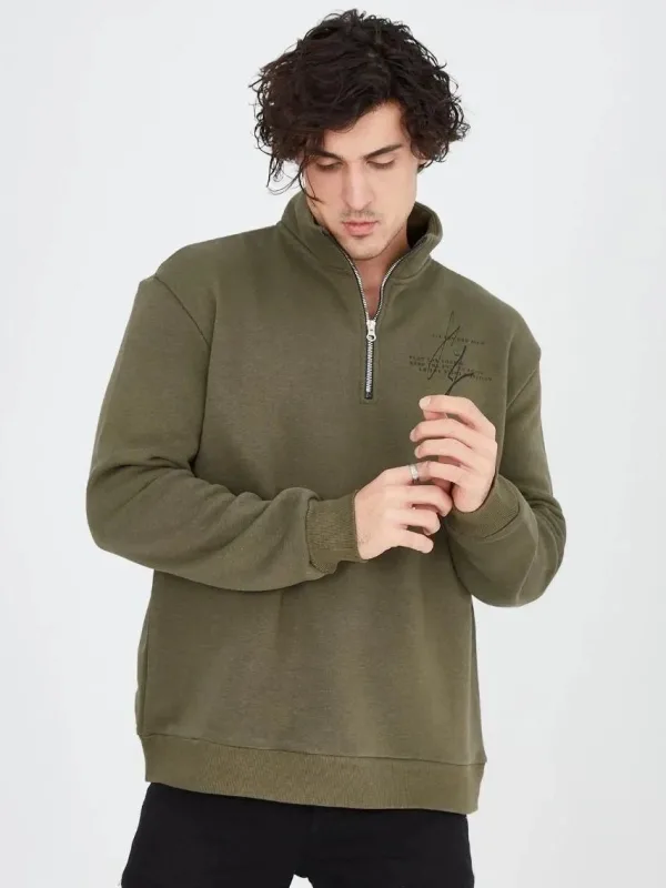 Men's Green Half Zip 3-Thread Cotton Printed Sweatshirt 5