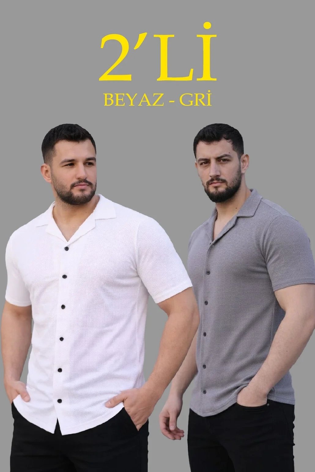 Erkek 2'li Set Waffle Dokuma Açık Yakalı Düğmeli Gömlek