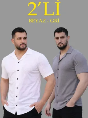 Ανδρικό Σετ 2 Τεμαχίων Πουκάμισα με Waffle Ύφασμα, Ανοιχτό Γιακά και Κουμπιά