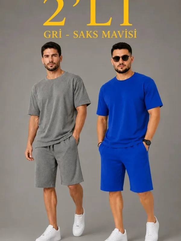 Bărbați Set 2 Piese Oversize Două Fire Țesătură Șort Set 1
