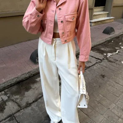 Çift Cep Denim Crop Ceket Pudra 2