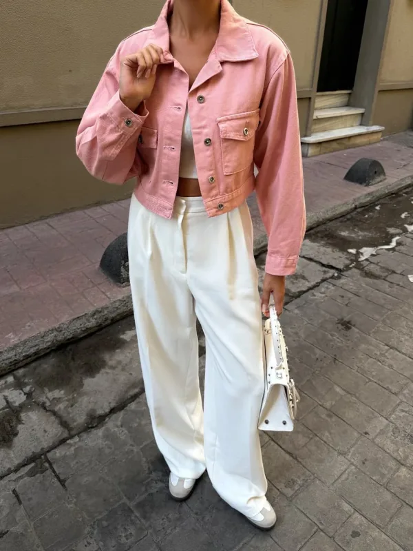Çift Cep Denim Crop Ceket Pudra 2