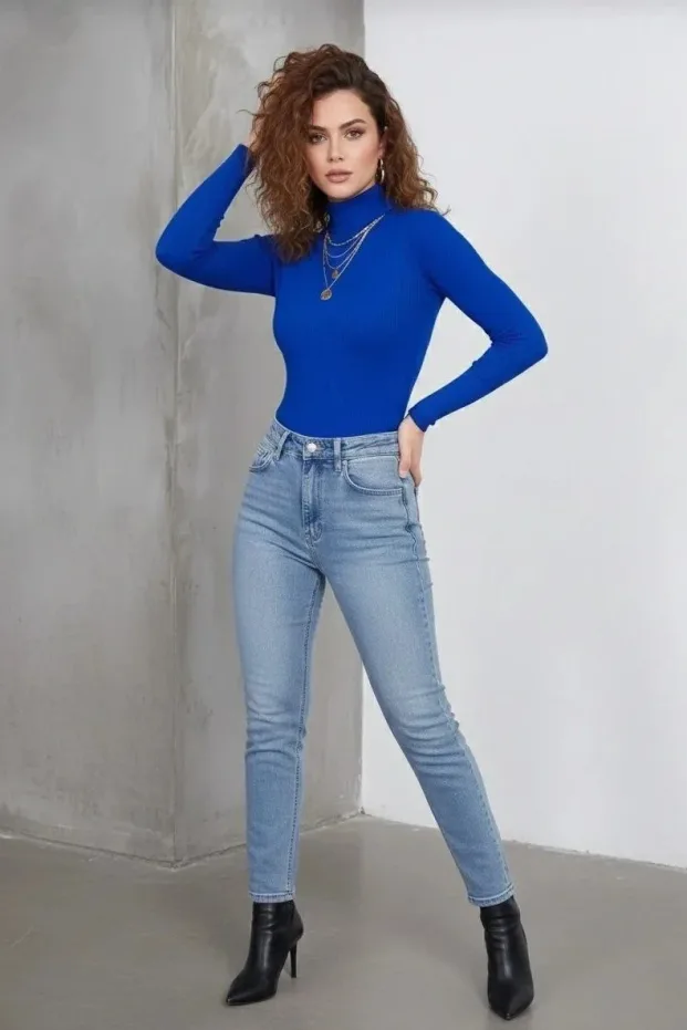 Femeie Bleumarin Gât Întreg, Cu Nervuri, Lycra, Mâneci Lungi, Cămașă Body 2