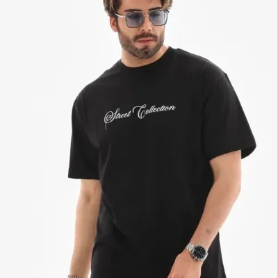 Kişi Qara Regular Bisiklet Yaka Baskılı Tişört 4