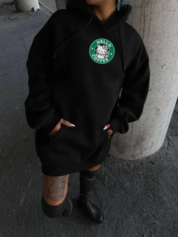 Jinê Reş Oversize Hoodî Bikapûşon Çapkirî 3 Têl Pembû Sweatshirt 1