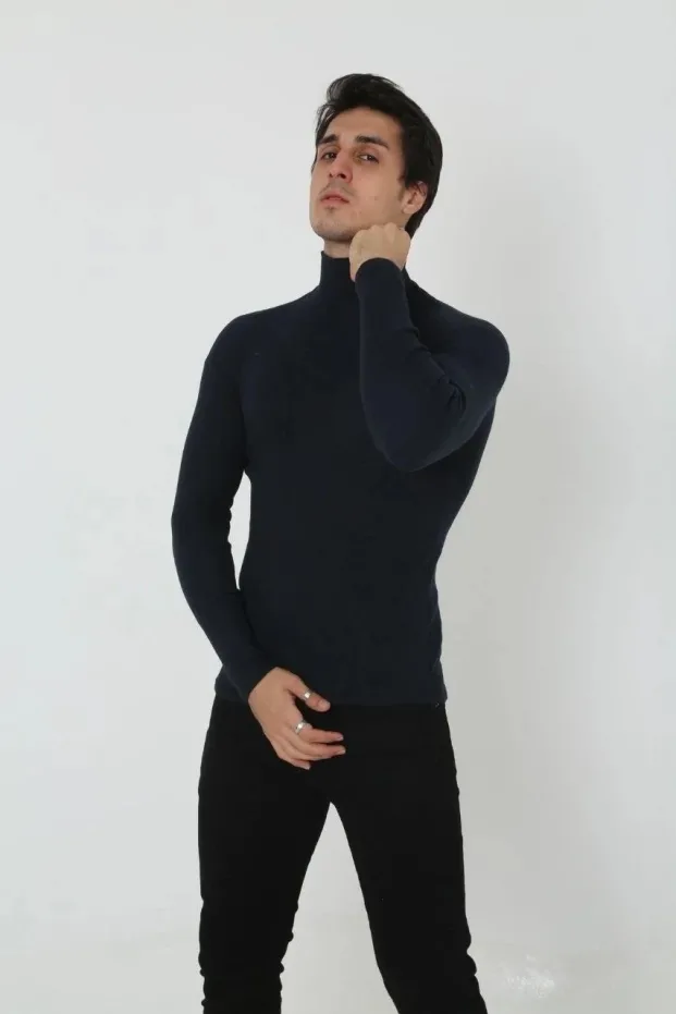 Férfi Fekete Slim Fit Likralı Bordázott Turtleneck Body 2