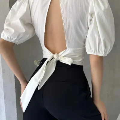Melon Sleeve Back Neckline Poplin Blouse White 3