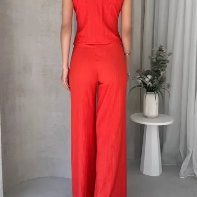Set sa visokim strukom udobnih pantalona i prslukom bez rukava - Narandžasta 5