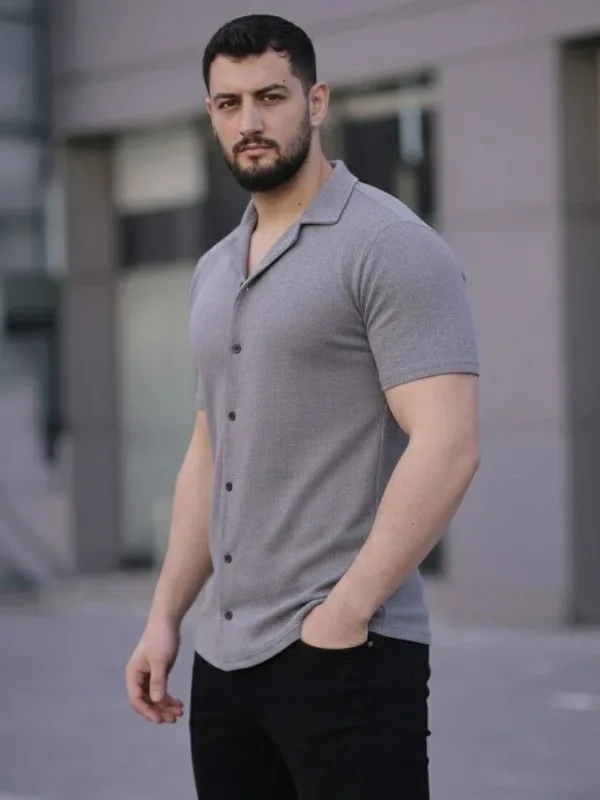 Férfi 2-es Szett Waffle Anyagú Nyitott Gallérú Gombos Regular Fit Ing 5
