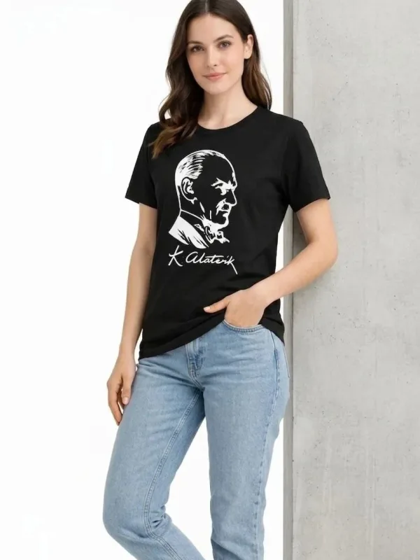 Ženska Crna Bicikli Kragna Ataturk Print Majica 2