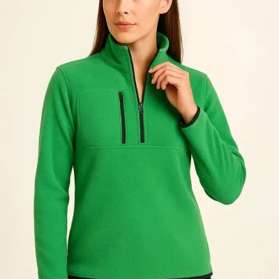 Women's Green Stand Collar Half Zip Fleece Sweater 1
