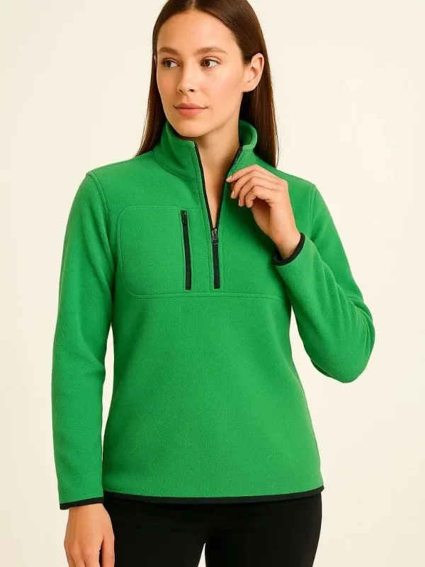 Women's Green Stand Collar Half Zip Fleece Sweater 1