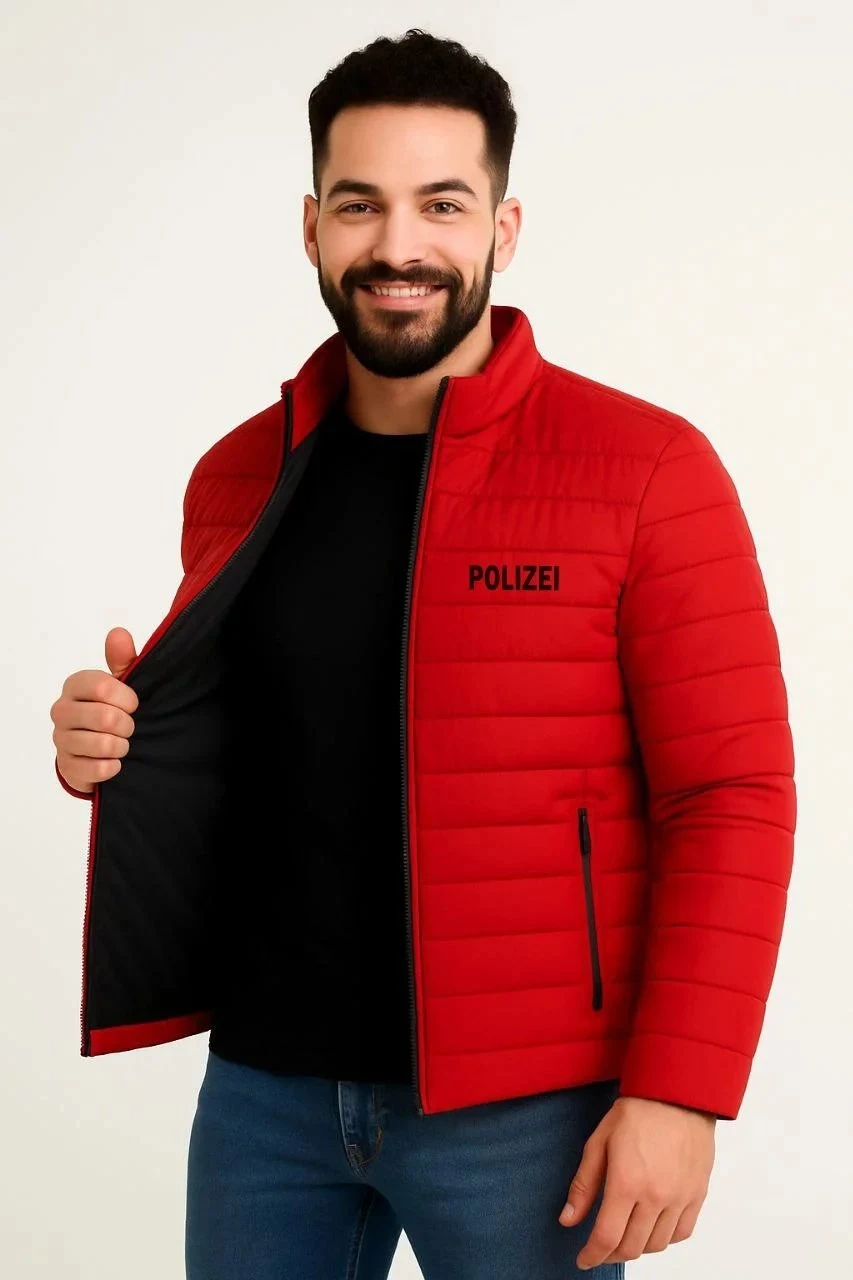 Men's Red Micro Water Repellent Quilted Printed Zippered Bomber Jacket