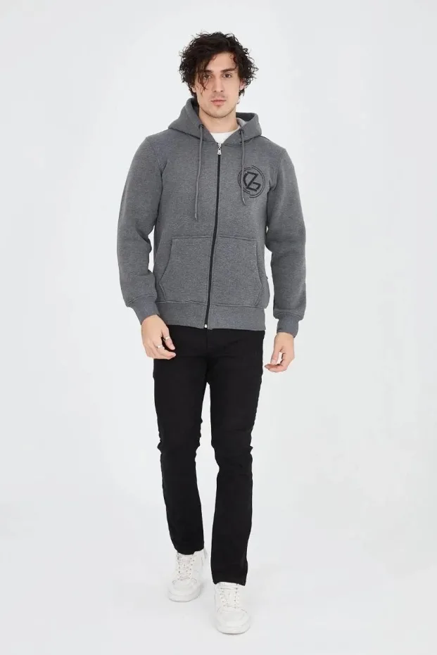 Erkek Füme 3 İplik Pamuklu Fermuarlı Kapüşonlu Baskılı Hoodie 3