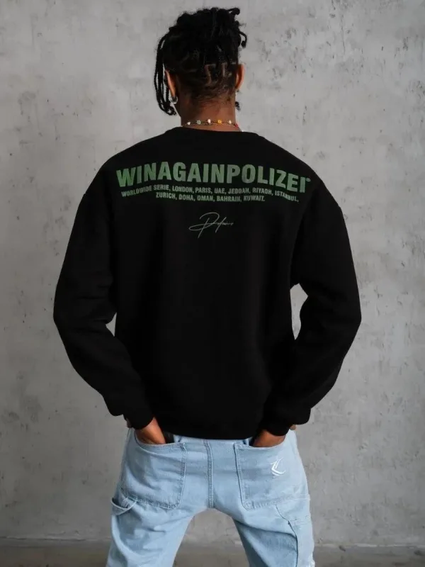Férfi Fekete Oversize Kerékpárnyakú 3 Szálas Pamut Nyomott Sweatshirt 5