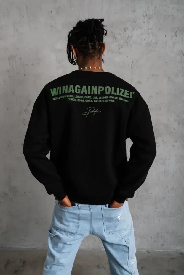 Men's Black Oversize Crew Neck 3-Thread Cotton Printed Sweatshirt 5