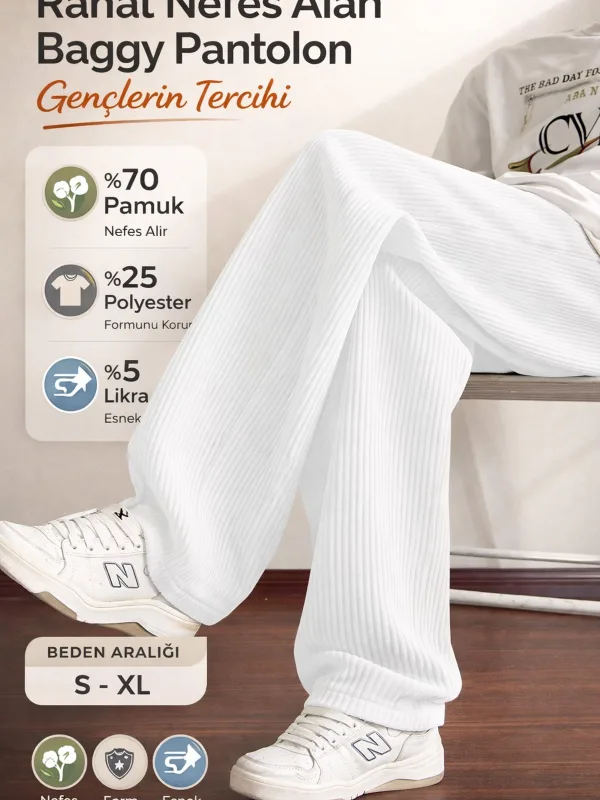 Erkek Beyaz Fitilli Ottoman Bol Kalıp Baggy Pantolon