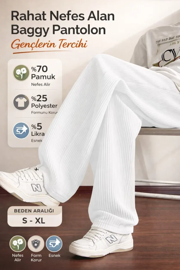 Erkek Beyaz Fitilli Ottoman Bol Kalıp Baggy Pantolon 1