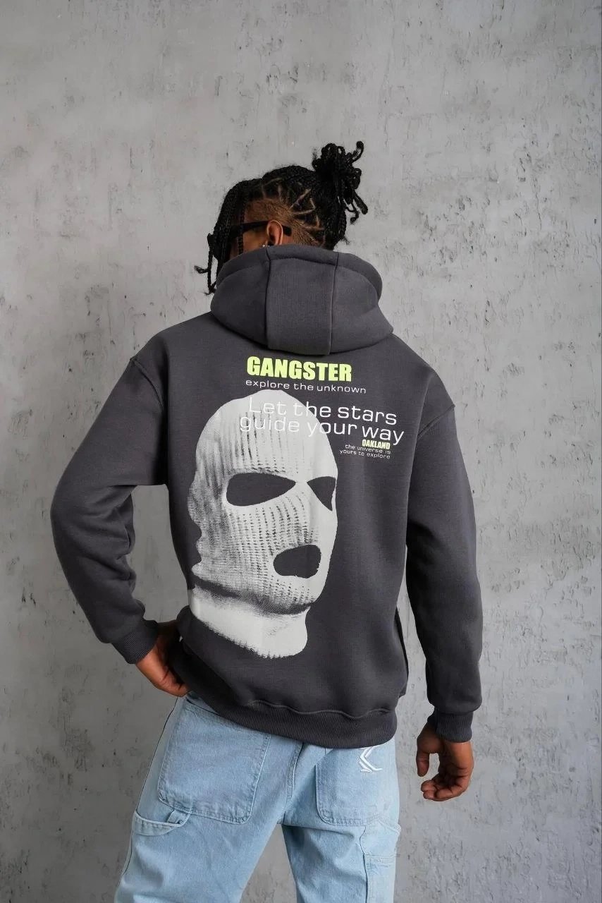 Burrë Gri 3 Fije Pambuk Printim Kapuç Sweatshirt 1