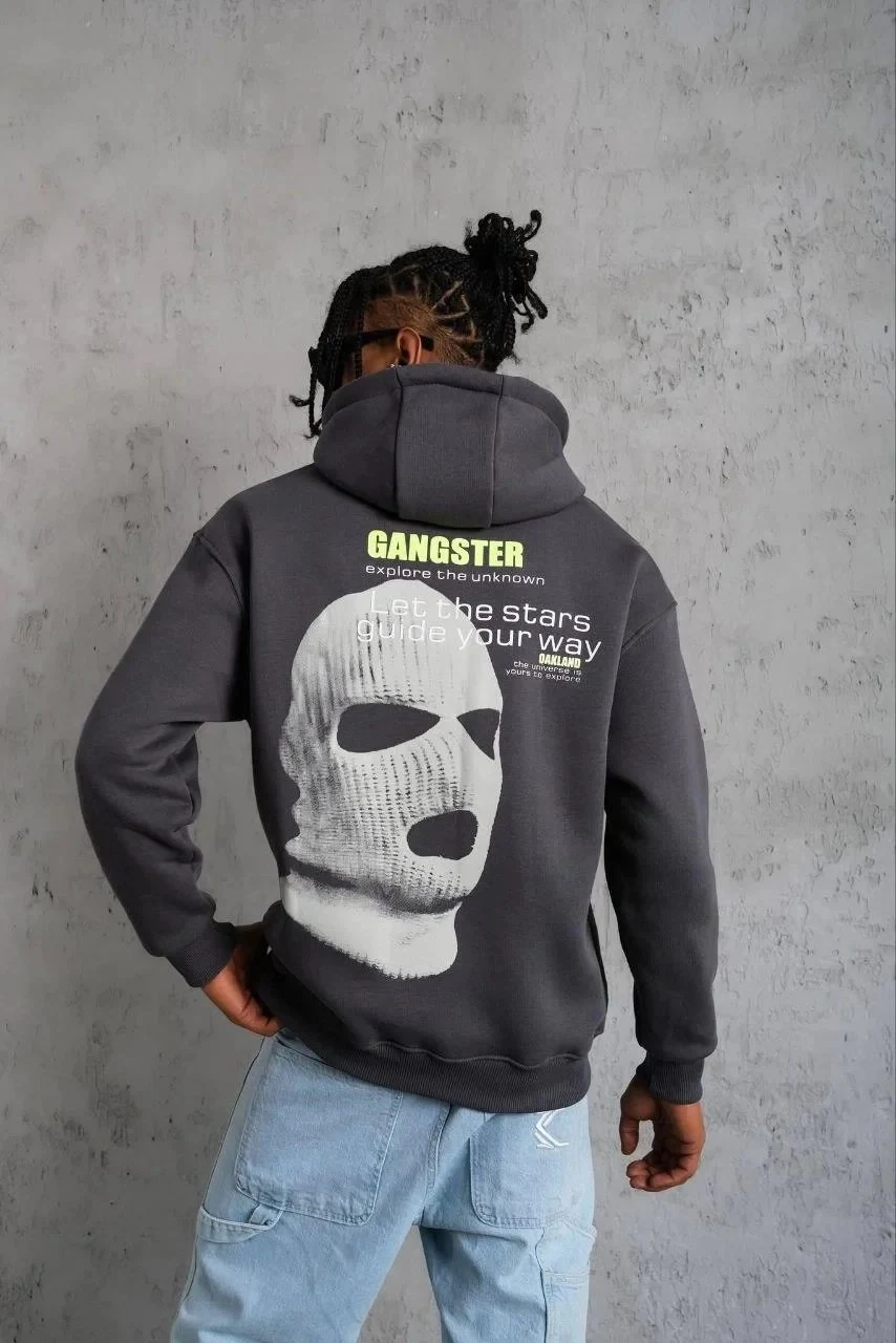 Bărbați Gri 3 Fire Bumbac Imprimat Glugă Sweatshirt