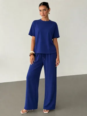 Kadın Lacivert Oversize Soft Modal Kumaş Kısa Kollu Bluz Pantolon Takım
