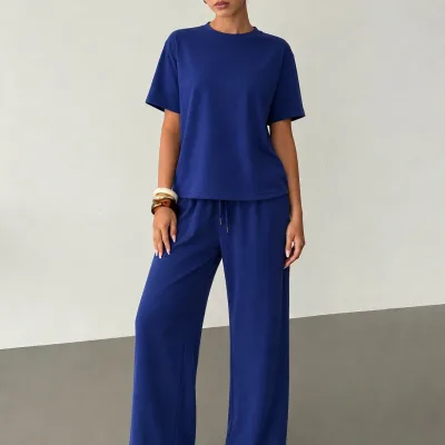 Kadın Lacivert Oversize Soft Modal Kumaş Kısa Kollu Bluz Pantolon Takım 1